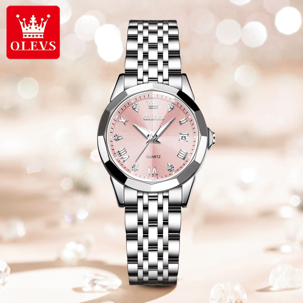 OLEVS 9931 Original Quartz Watches For Woman Rhombus Mirror Waterproof Luminous Stainless Steel Wrist Watches Calendar New