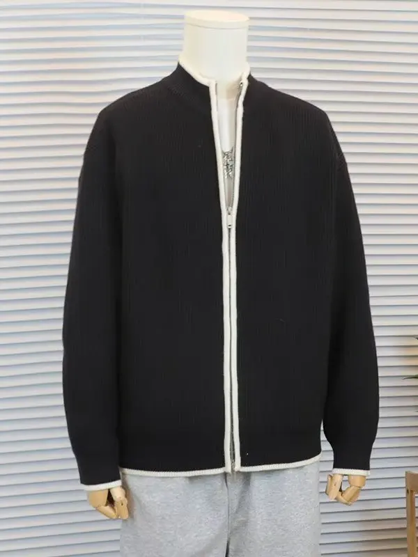 

Мужской вязаный свитер с высоким воротником, кардиган на двойной молнии, повседневный универсальный, модный молодежный трикотаж для осени и весны