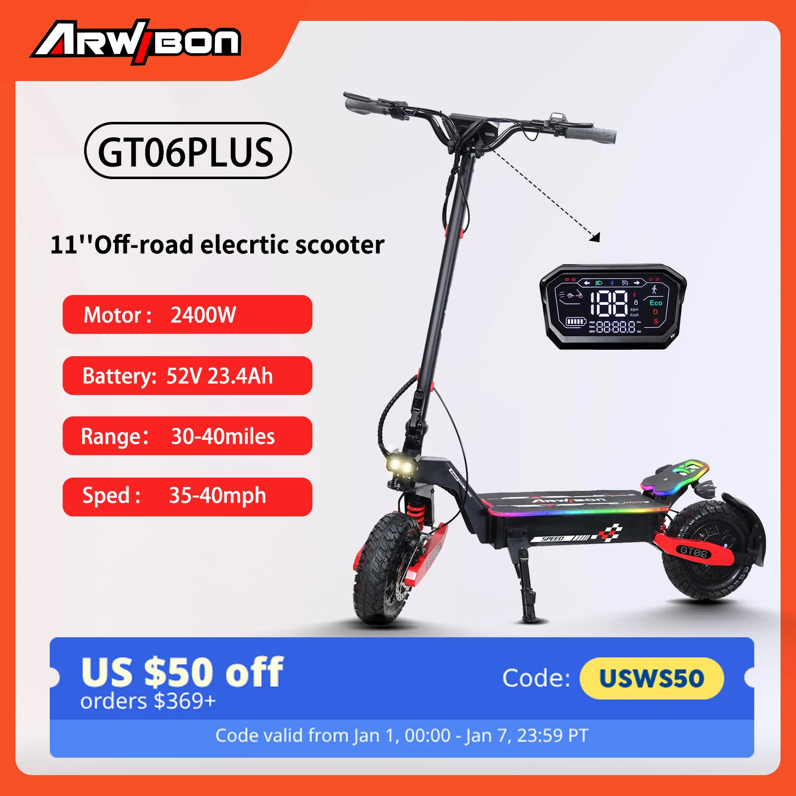 Arwibon GT06Plus Adult Electric Scooter,Speed up to 40MPH, 52V23.4AH ,11 Inch Off-Road Tires, Foldable Sports Commuter E-Scooter