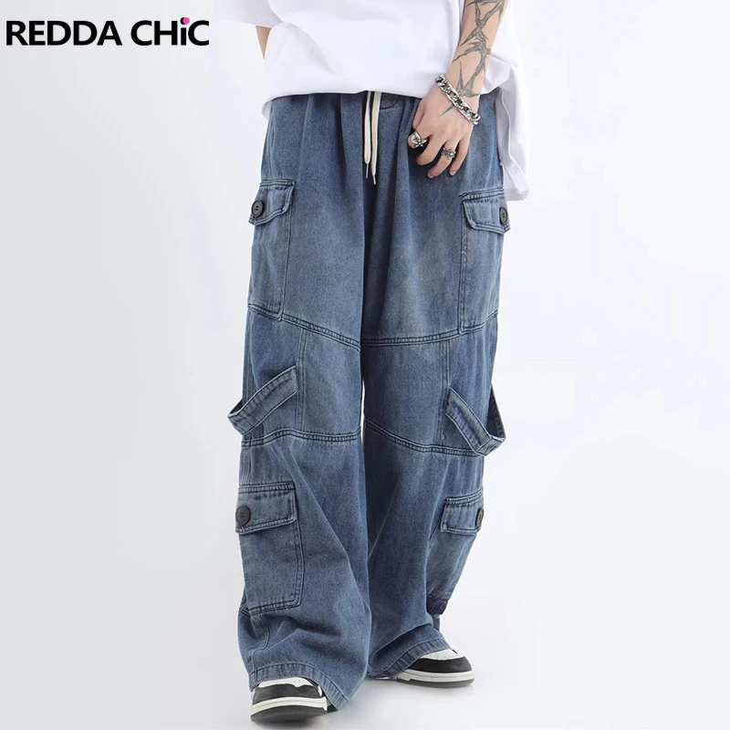 

REDDACHIC Drawstring Man Baggy Cargo Jeans Plus Size Trendy Unisex Elastic Waist Pleated Stitch Wide Leg Pants Korean Streetwear