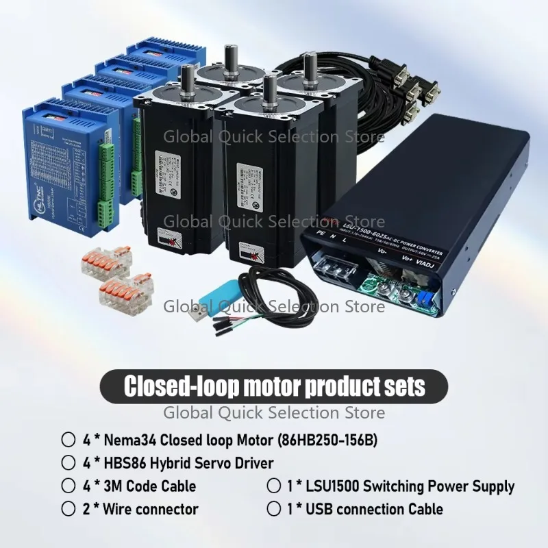 Closed Loop Stepper Motor Set 86HB250-156B with Driver HBD86 and Switching Power Supply and Cables for Control System or PLC