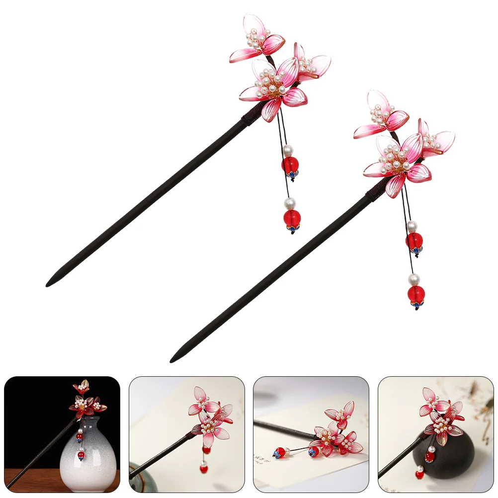 

2 Pcs Hair Hanfu Hairpin Women's Grips Classic Chopstick Ebony Flower Chopsticks Bun