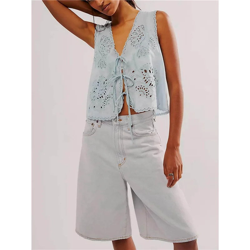 

Women Tie Front Vest Floral Eyelet Embroidered Tank Y2K Sleeveless V Neck Crop Shirt Top Cute Going Out Tops