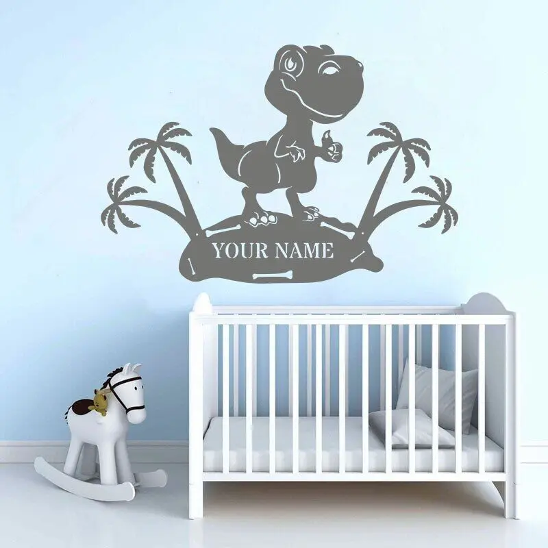 Custom Name T-Rex Dinosaur Palm Tree Wall Decal Children Room Dino World Park Mountain Wall Sticker Playroom Decor