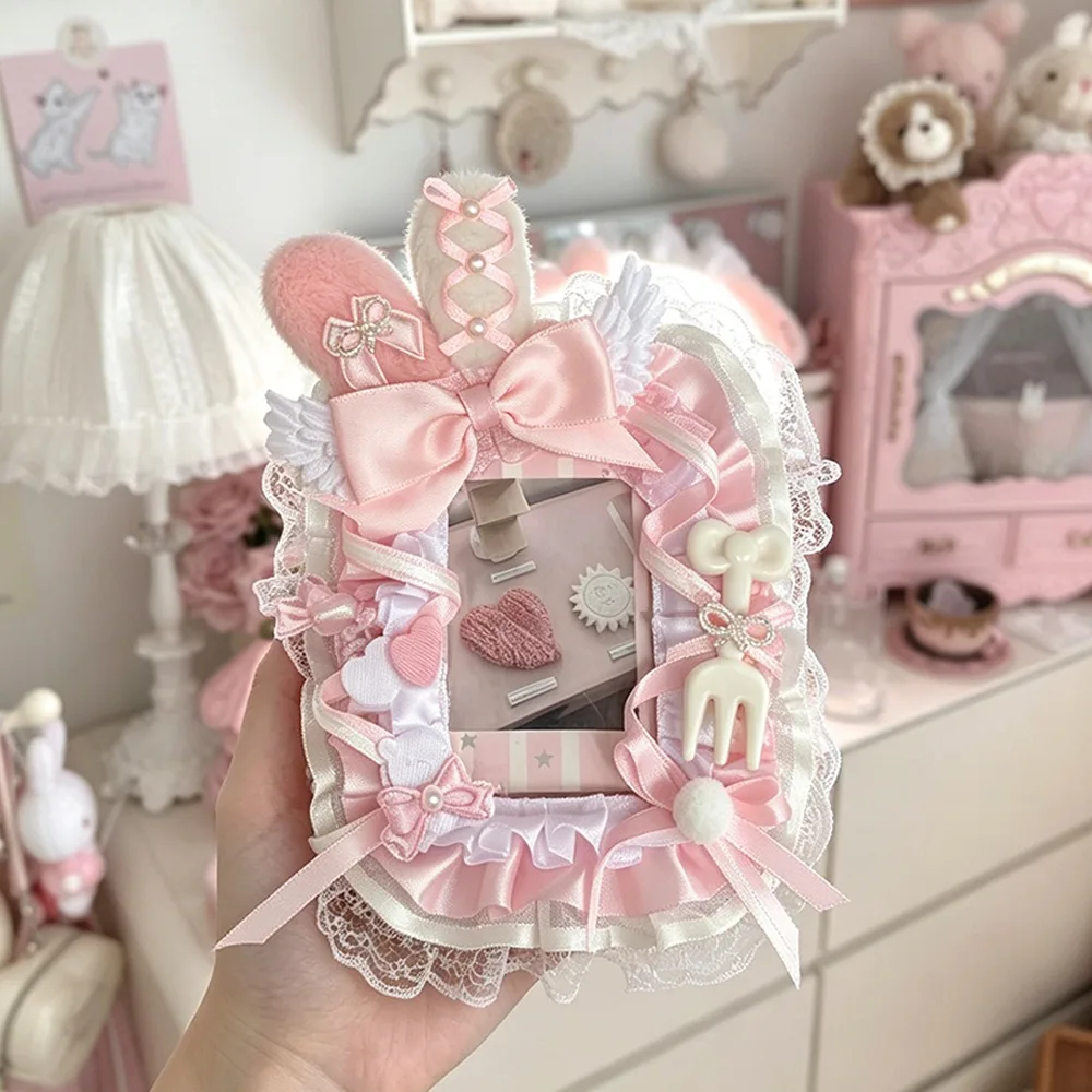 Angel Wings Card Holder Bunny Ears Design Bowknot Lace Trim Badge Holder Transparent Design Bag Pendant Style Card Protector