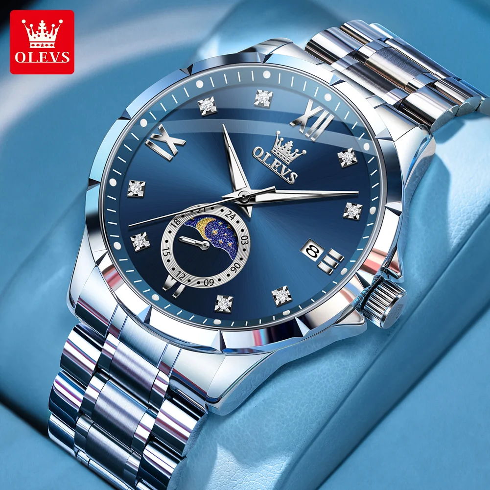 

OLEVS 2956 Men Watches Luxury Moon Phase Stainless Steel Calendar Luminous Waterproof Classic Original Quartz Wristwatch for Man