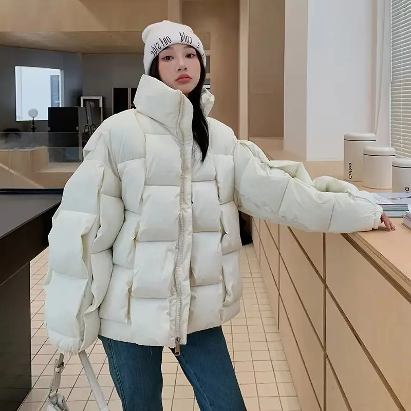 

Winter New Knitted Personalized Block Cotton Jacket for Warmth, Thickened Temperament Unisex Parkas Female Clothing