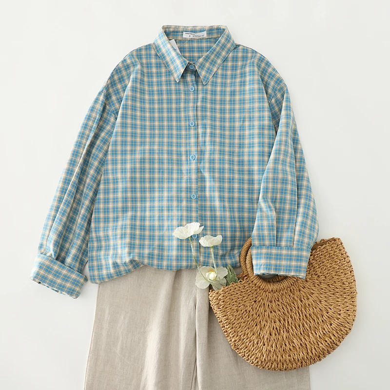 

Blue Plaid Loose Women's irt Casual Slimming Spring Autumn New Sle Cotton Long Sve Button up Cardigan Outerwear Top