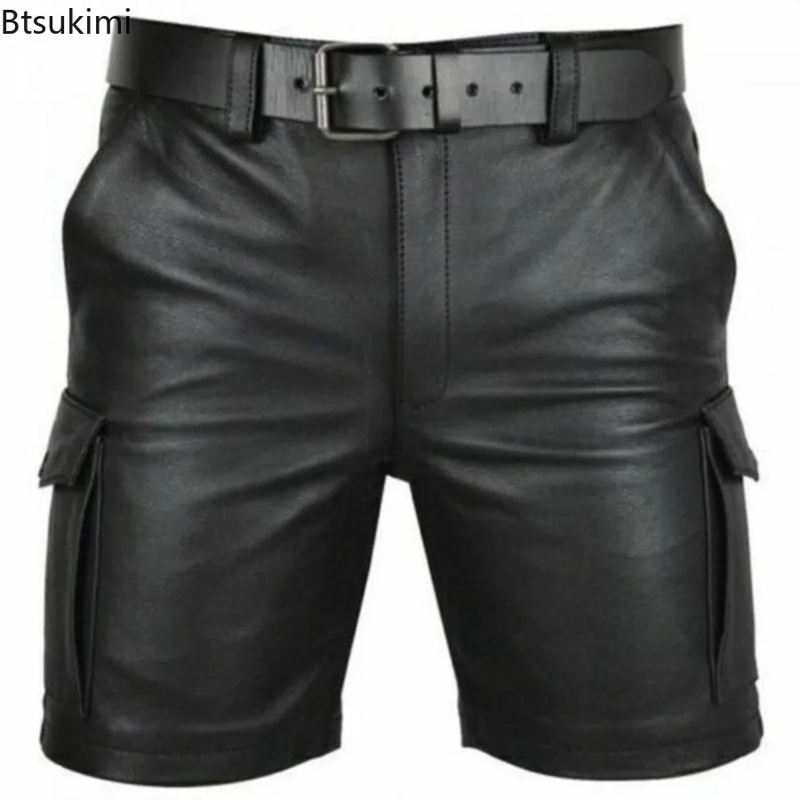 New Solid Color PU Leather Pants Fashion Casual Men's Short Leather Pants Summer Fashion Trend Club Punk Style Shorts for Men