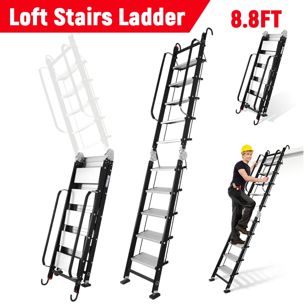 Escalera Plegable de Aluminio de 8.8 Pies, 10 Peldaños, Escalera Recta de Seguridad para el Hogar, para Áticos, Dormitorios, Campers, Bibliotecas, Autocaravanas, Terrazas