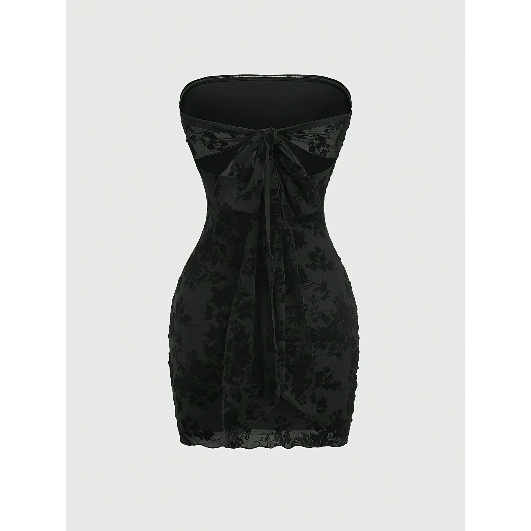 Sexy  Wrap Dress with Flocking Mesh See-through Design Slimming Waist Control Breathable Hollow out Evening Gown