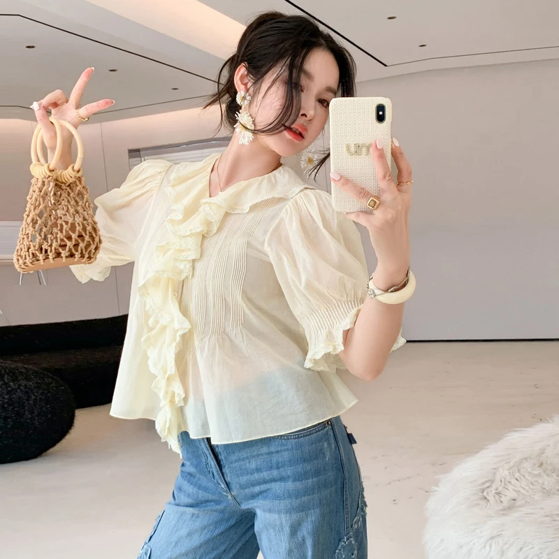 Romantisches Vaion Lazy Thin Transparent Vintage Handmade Embroidered IRT Collar Top Cotton 00% Summer 2025 Women's Faion