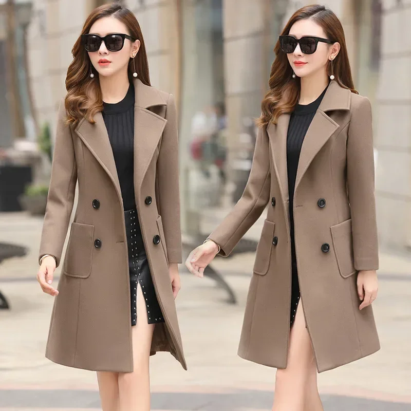 Ladies Streetwear Woolen Coat Autumn Winter Slim Fit Long Outerwear Jacket Large Size Women Button Up Brown Green Overcoat 4xl