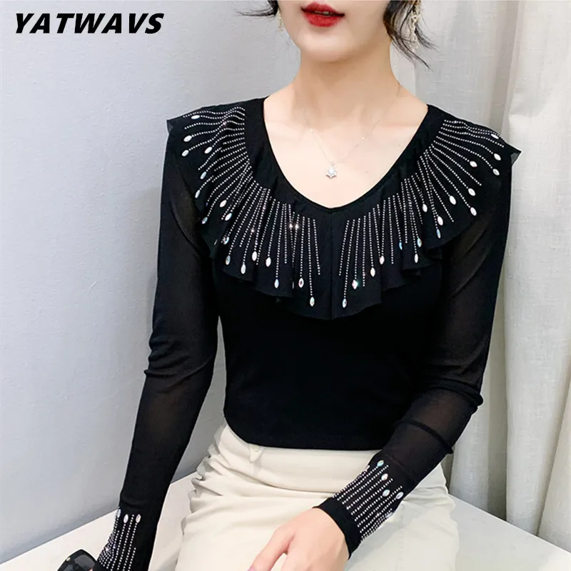 

Новинка осени 202, женская футболка с круглым вырезом и длинными рукавами, шикарные сетчатые топы с оборками и бриллиантами, модные эластичные футболки