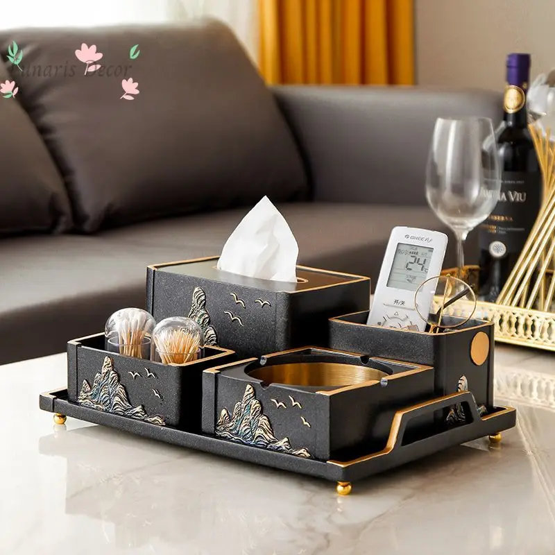 New Chinese-style living room coffee table set ornament creative Guochao desktop tissue box ashtray storage home soft decoration