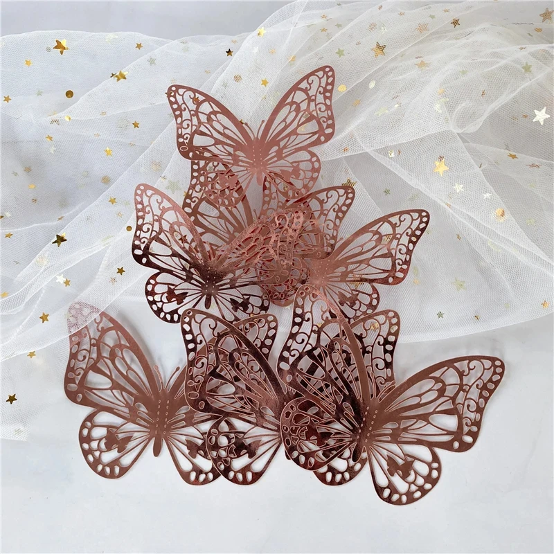12pcs Rose Gold Silver Hollow Butterfly Wall Stickers Decoration Home Living Room Bedroom TV Background Crafts Holiday Kids Gift