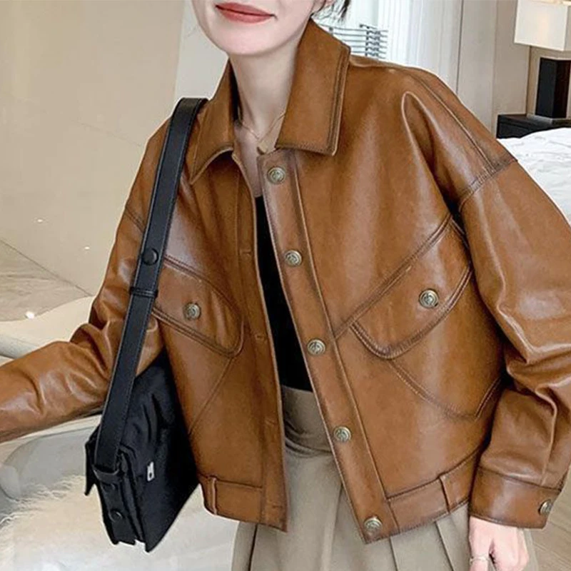 Autumn Winter Thicken Warm Vintage Leather Coat 2023 Women\'s Sheepskin Genuine Leather Coat Turn-down Collar Button Pocket Coat