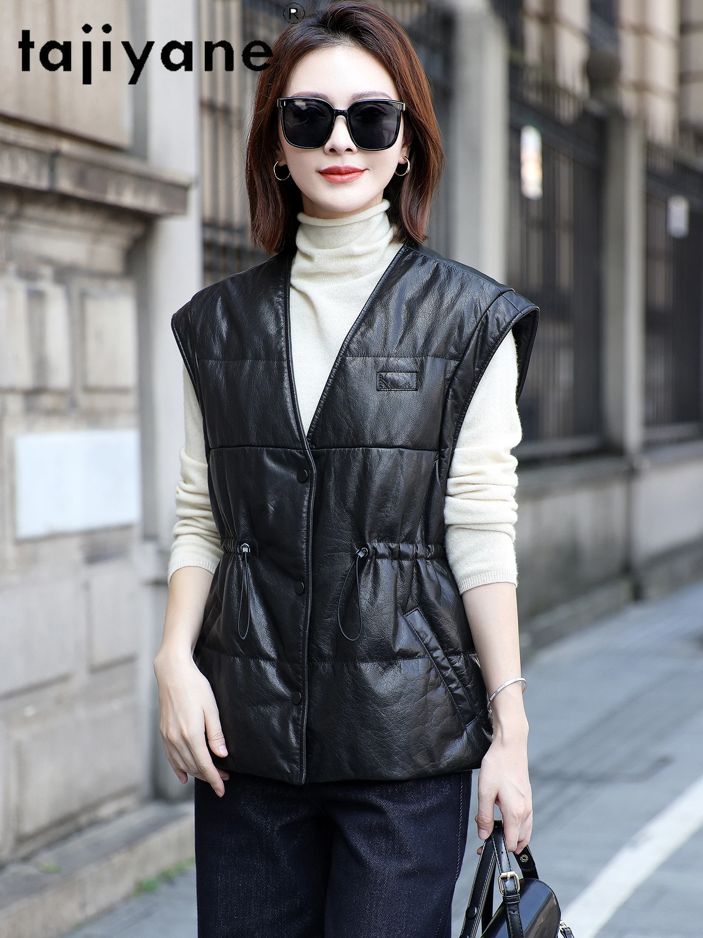 TAJIYANE Real Top-grain Cow Leather Vest Women Sleeveless 90% White Goose Down Coat Stylish Slim Jackets 2025 Woman Clothes 가죽자켓