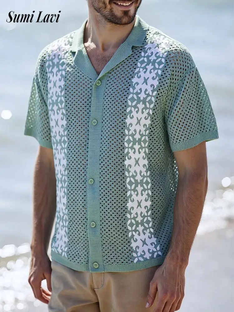

Retro Pattern Contrast Color Shirt Knitting Short Sleeve Button-up Lapel Mens Shirts Summer Casual Breathable Hollow Out Shirts
