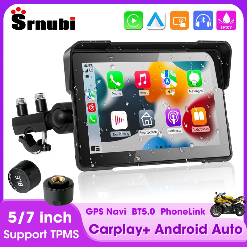 5/7 inch Portable Waterproof Motorcycle DVR GPS Navigation Wireless Carplay Android Auto Moto Display Screen Dual Bluetooth TPMS