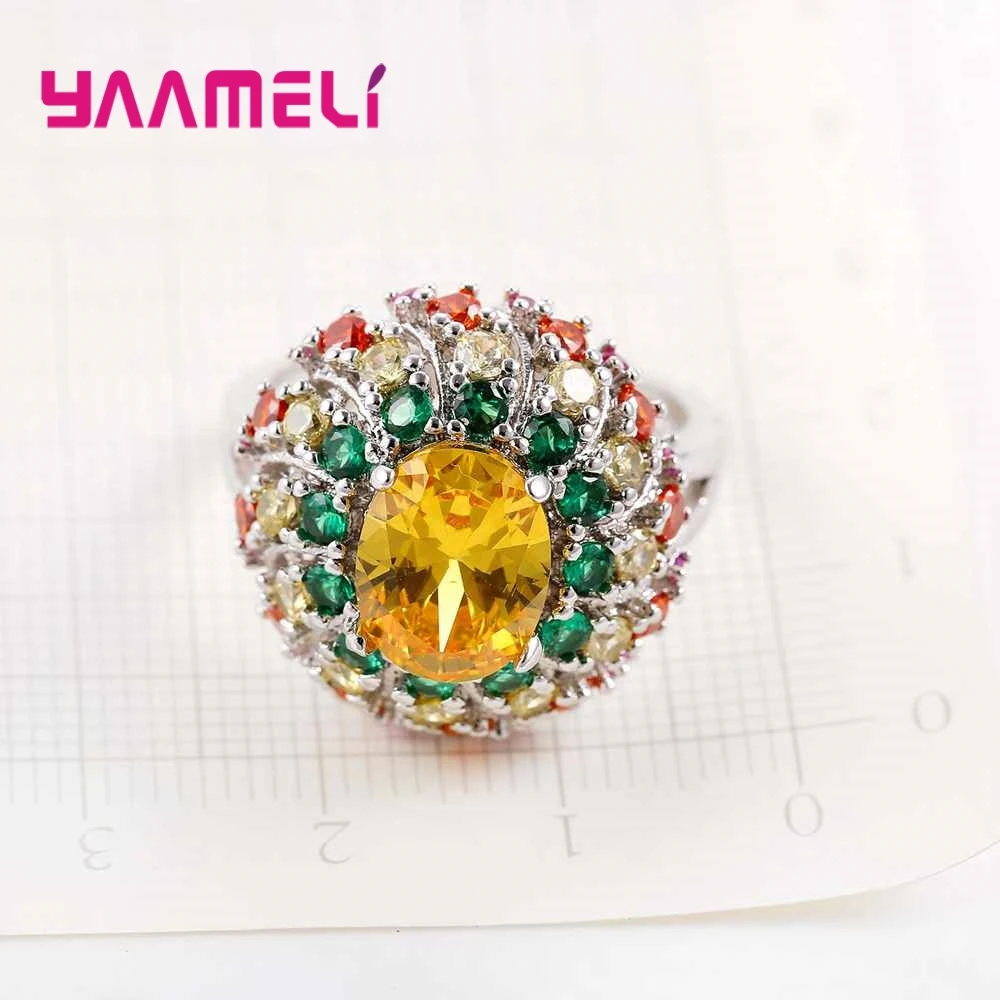 Stylish Luxury Style Colorful Crystal Cubic Zirconia With Yellow Stone 925 Sterling Silver Rings For Women Gift