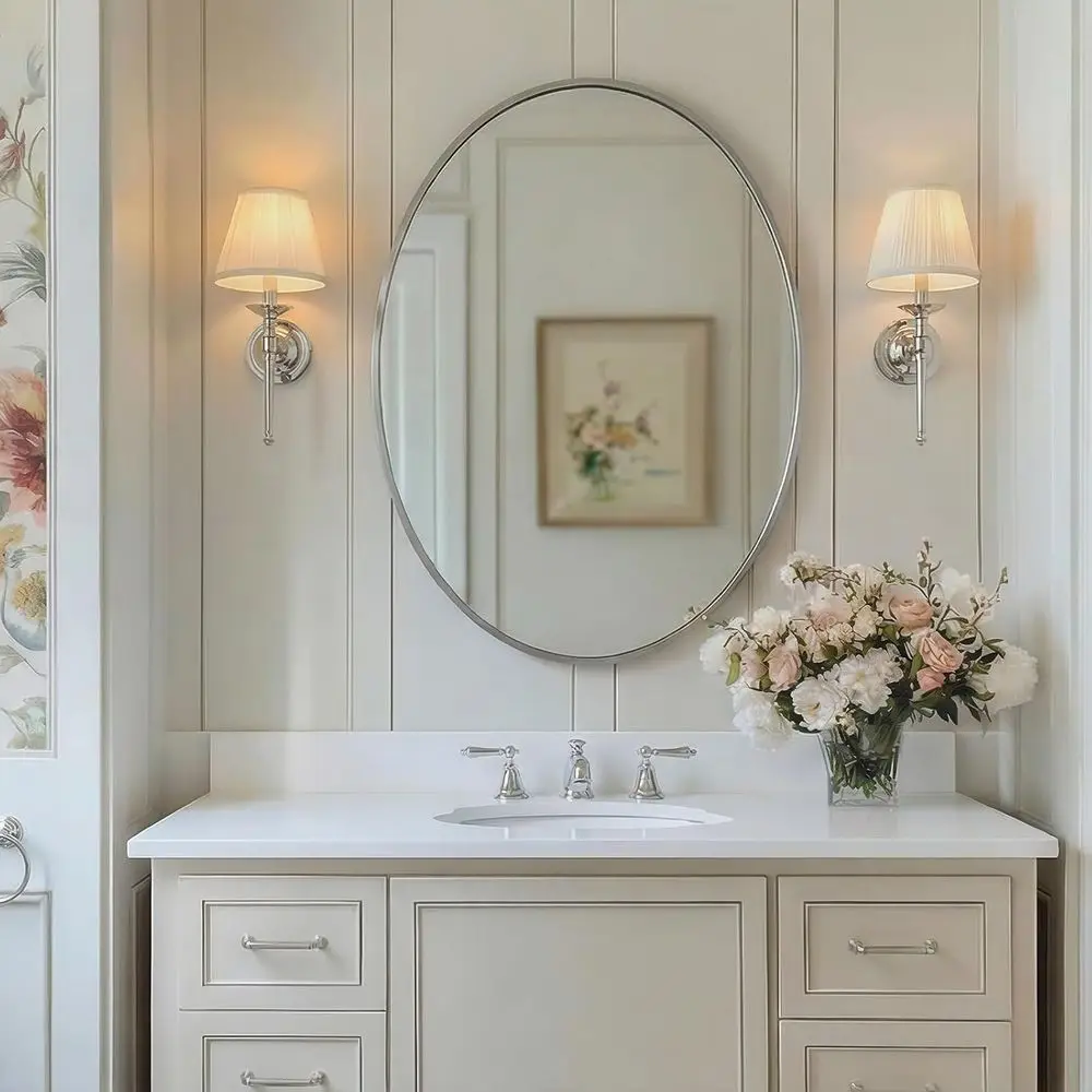 

Овальное зеркало для ванной 24x32 дюйма, из нержавеющей стали с матовым никелевым покрытием, настенное зеркало для ванной комнаты, прихожей или спальни