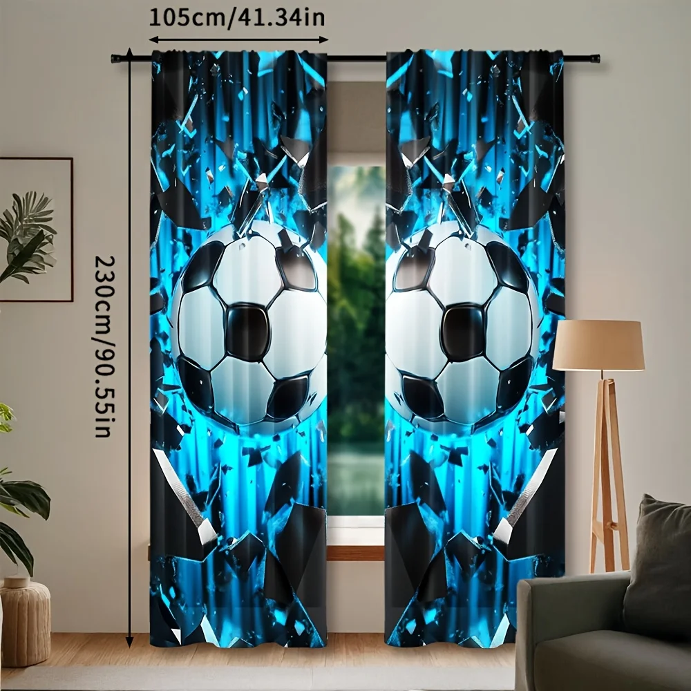 2pcs 3D Soccer Ball Print Curtains Breaking Glass Effect Sport Theme Dynamic Style Polyester Window Drapes for Kids Room Bedroom