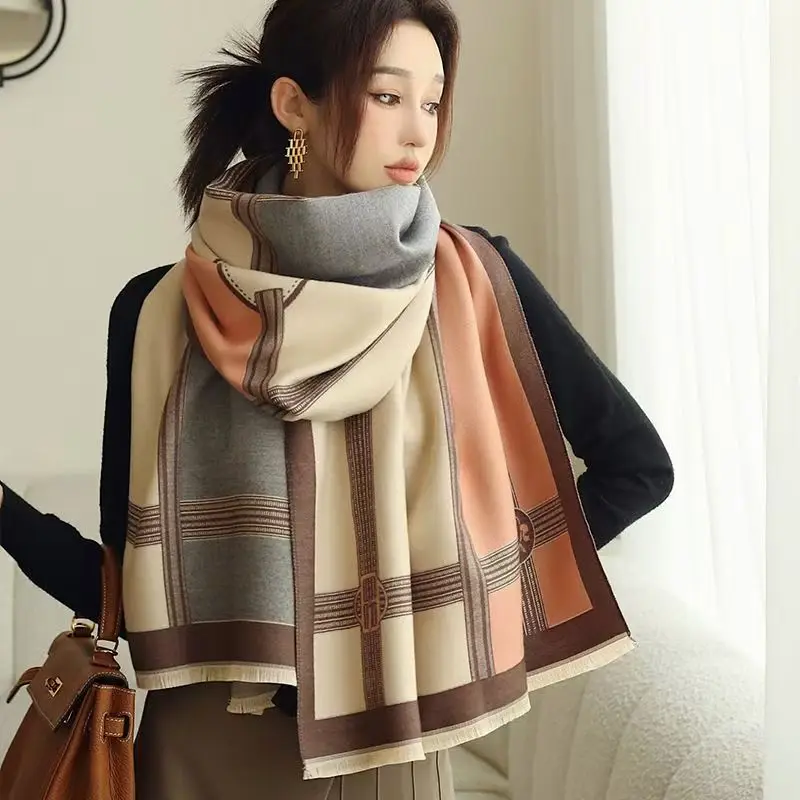 

Women's New Autumn Winter Faux Cashmere Scarf Advanced Color Matching Thicken Versatile Shawl Dual Purpose Keep Warm Scarf