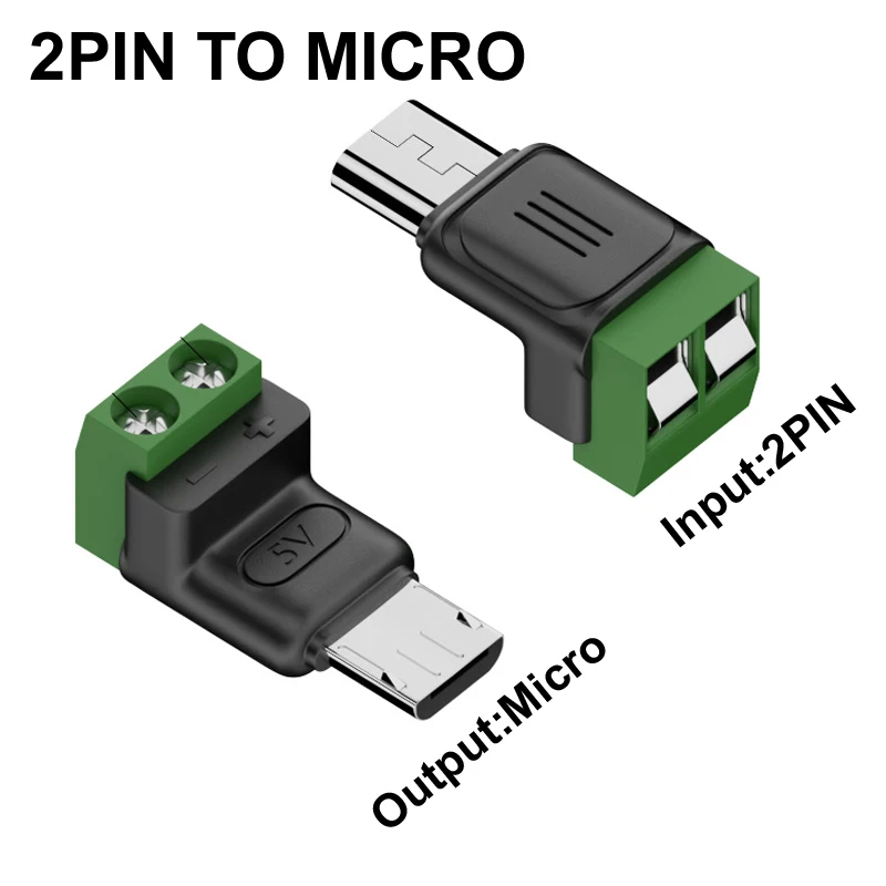 12PCS 2Pin to USB Type C Micro Male 5V/9v/12v Solderless Green Terminal OTG Screw Charger Power Supply Plug Adapter USB Quick Co