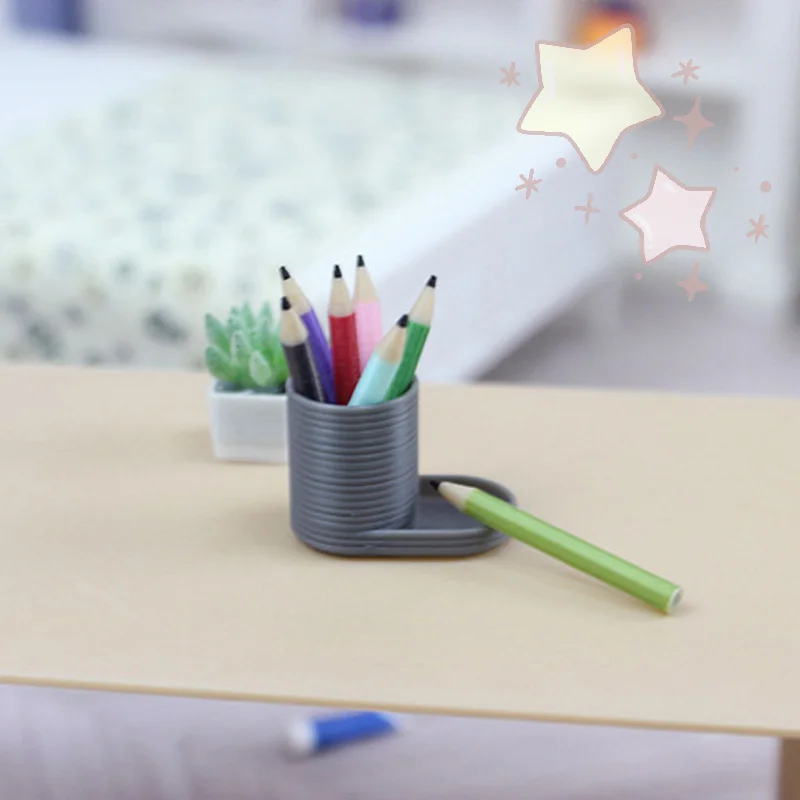 1 conjunto de porta-canetas em miniatura para casa de bonecas, escala 1:12, com 6 lápis coloridos, conjunto de papelaria, boneca, decoração de casa, brinquedos de simulação