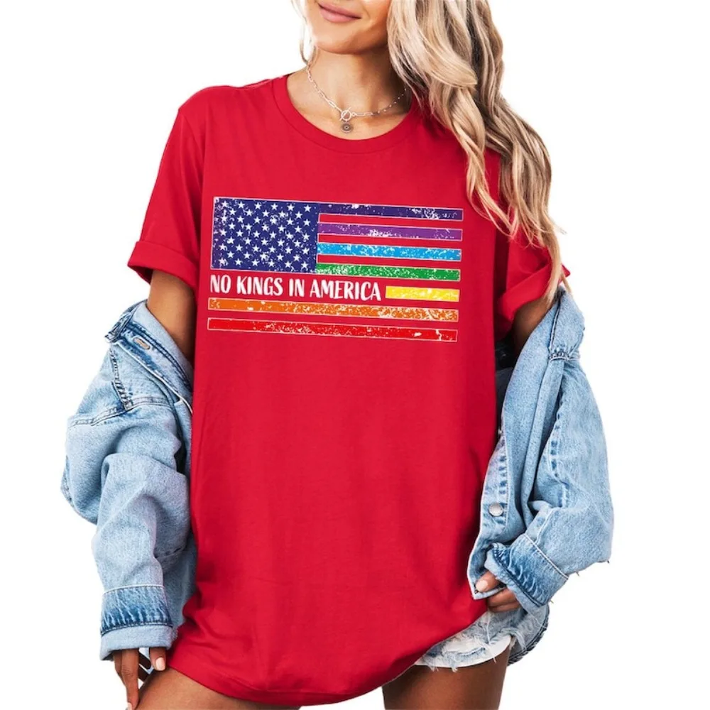 No Kings in America Shirt Political Statement Graphic T-Shirt Rainbow Flag Protest Tshirt Men Women Fashion Cotton Streetwear