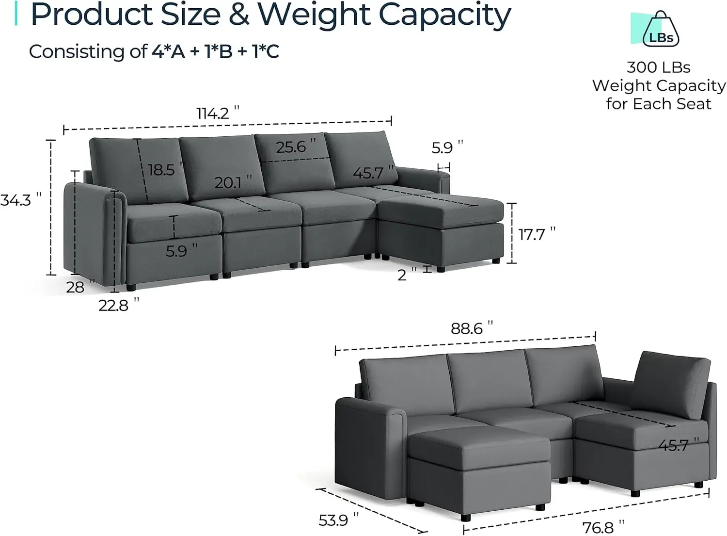 Modular Sectional Sofa Convertible L Shaped Sofa Couch with Storage Memory Foam Modular Sectionals Ottomans 5 Seat Sofa Couch