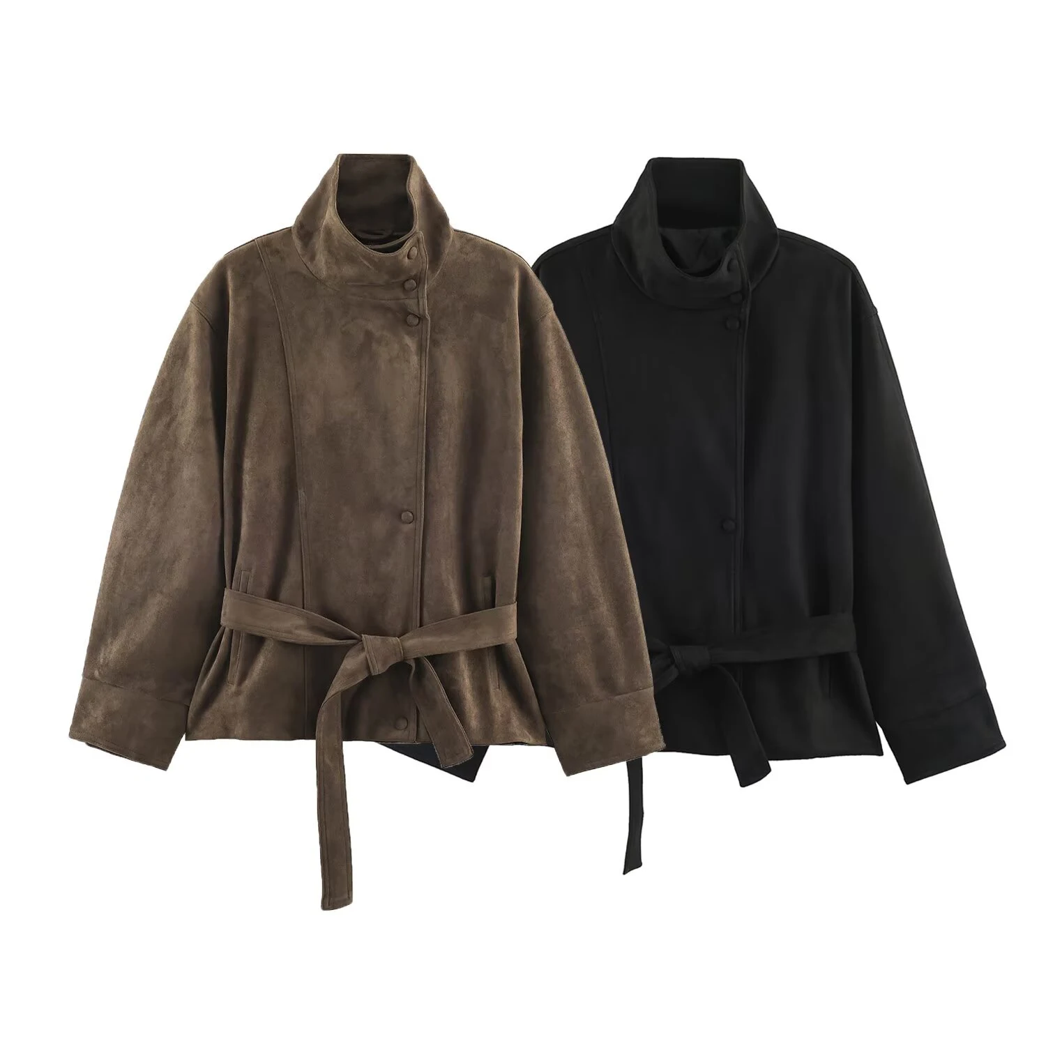 2026 Autumn New Product Women's Fashion Simple Long Sleeve Stand up Collar with Belt Suede Effect Coat