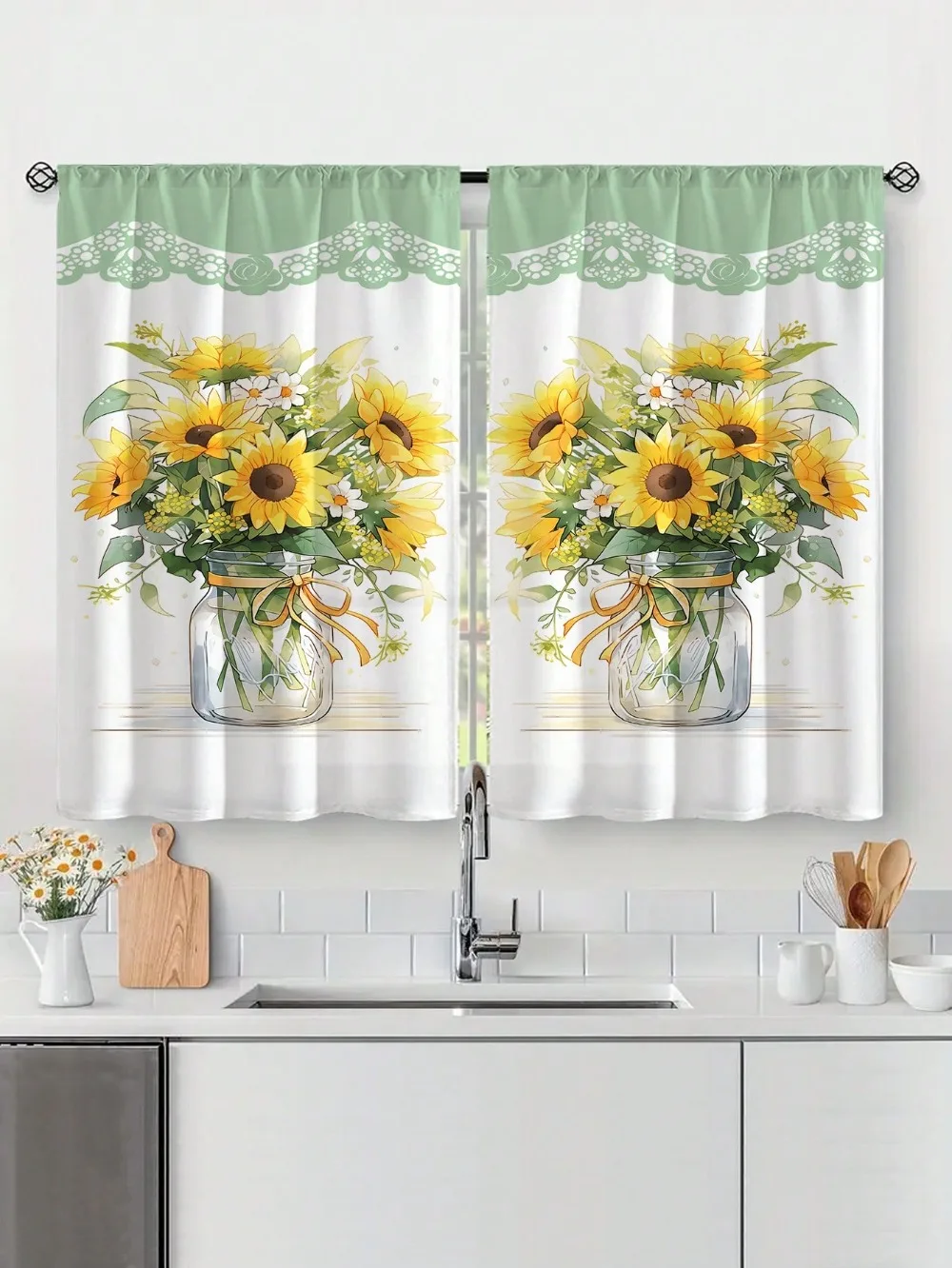 Sunflower Print Kitchen Window Curtain, Multi-Color, Decoration for Bedrooms, Study Rooms, Cafes, Living Rooms, New Fashion,2Pcs