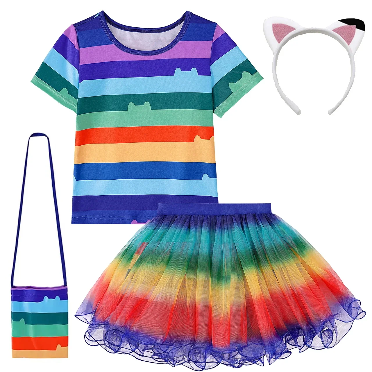 2024 Summer Girls Gabby Dollhouse Cosplay Costume Rainbow T-Shirt + Tutu Skirt +Bag Set For Kids Carnival Birthday Party Clothes