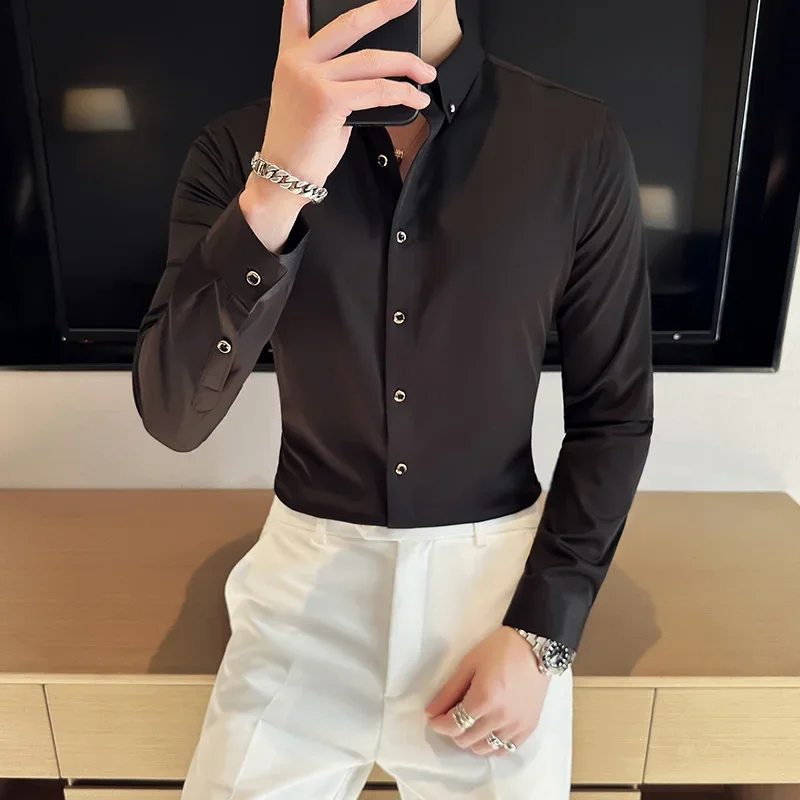 Men Long Sleeve Shirt 2024 Spring White Solid Casual Shirt Anti-wrinkle Soft рубашка Formal Elasticity Slim Fit Camisa Masculina