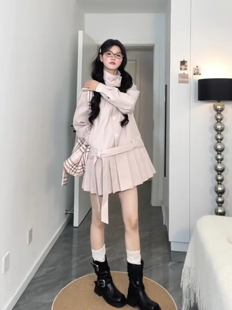 Sweet Pink Korean Sle Women's Long Coat Autumn 2025 New Belted Waist Slimming Pleated ort Skirt Single Button Closure