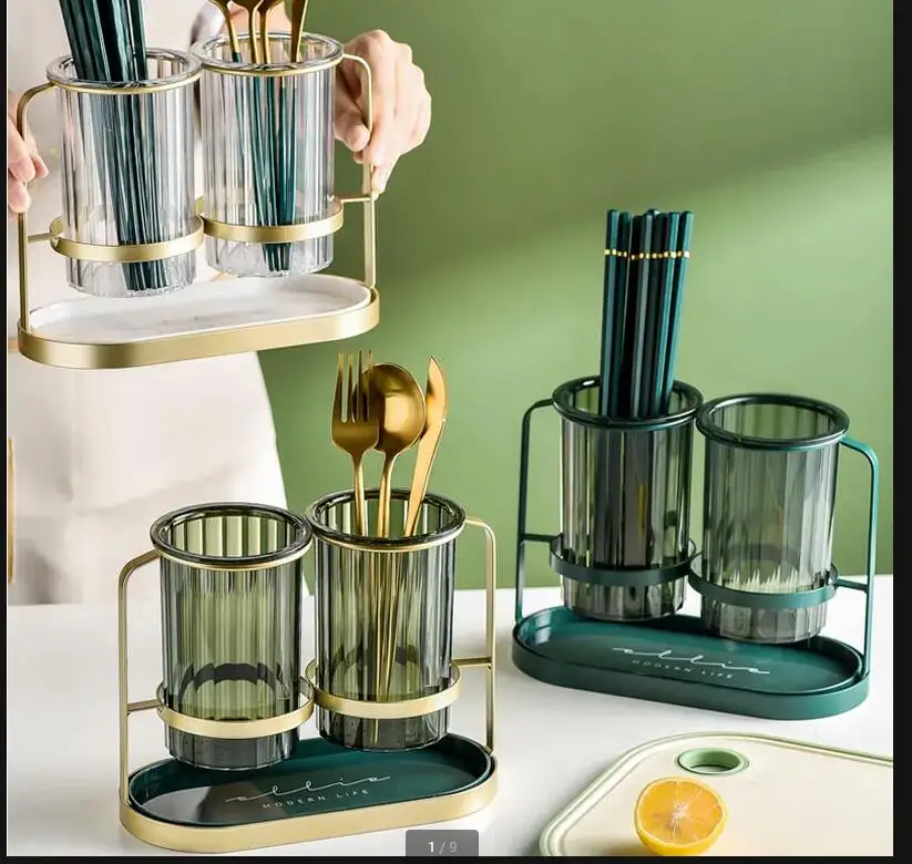 Wrought Iron Acrylic Chopsticks Holder Drain Rack Storage Bucket Cutlery Spoon and Fork Shelf