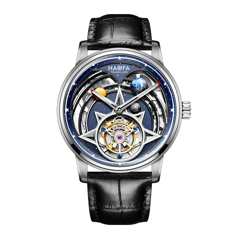 Haofa Wristwatch Man Mechanical Flying Tourbillon Earth Universe Luminous 316 Stainless Steel 72 Hours Power Double-spring 2268