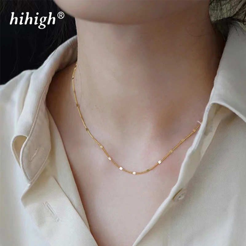 

S925 Sterling Silver Plated with Gold Chain Necklace Girl Woman Glitter Design Extraordinary Simple Style Overlap the Collarbon