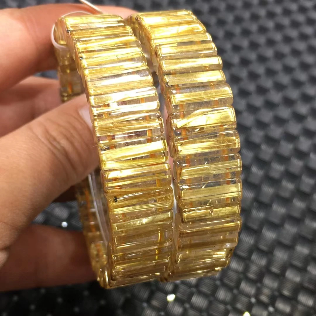 Natural Gold Rutilated Quartz Clear Rectangle Beads Bracelet 13.7*5.5mm Wealthy Yellow Rutilated Brazil Stretch AAAAAA