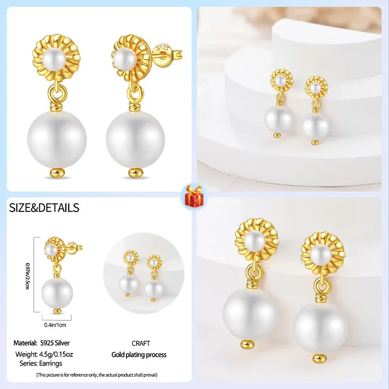 Travel Hobbies 925 Sterling Silver Golden Round Flower White Pearl Stud Earrings Women's  Jewelry For Everyday Wear Couple Style