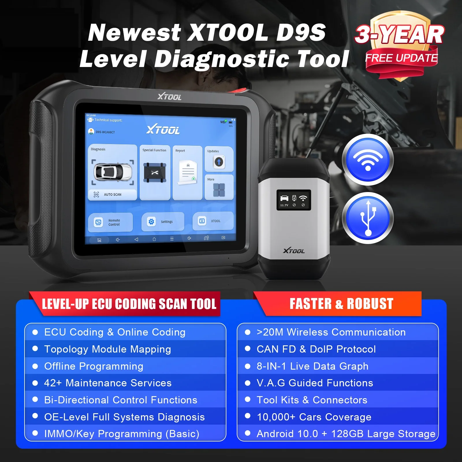 أدوات تشخيص السيارات XTOOL D9S مع خريطة الطوبولوجيا FCA DoIP ECU الترميز 8 في 1 أداة برمجة مفتاح الاختبار النشط للبيانات المباشرة