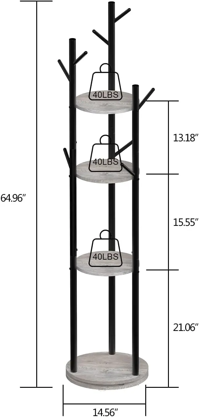 Metal Coat Hall Tree Stand with 4 Tiers Storage Display Shelf and 9 Hooks for Entryway Bedroom Corner Office Garment Clothes Hol