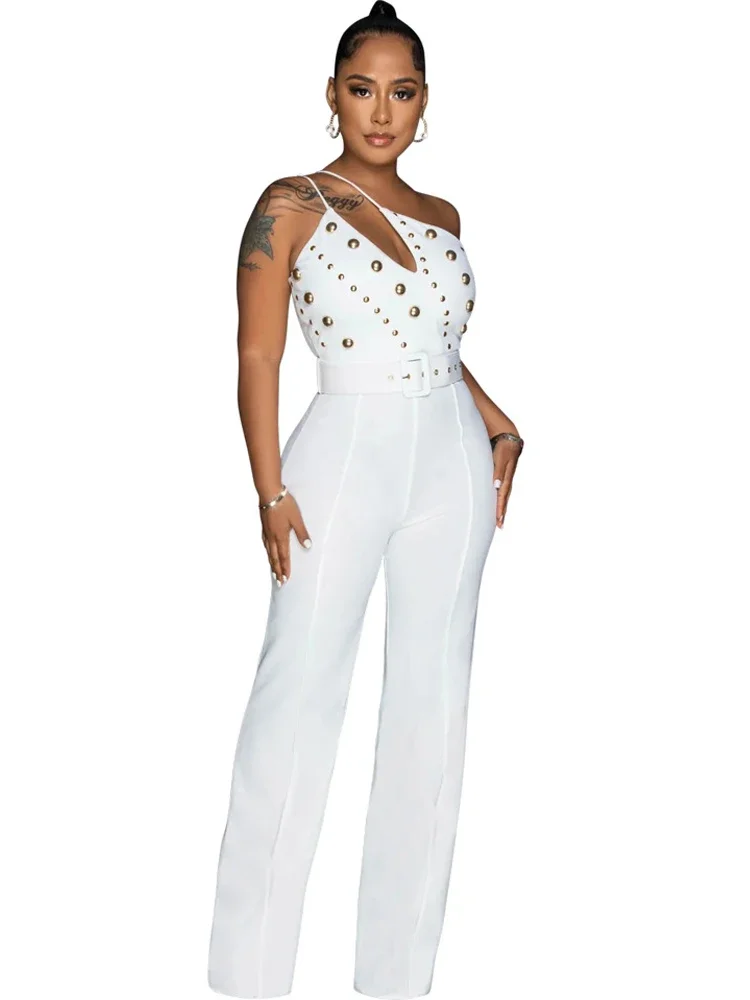 Inclined Shoulder Rivet Bodycon Jumpsuit With Belts Asymmetrical Club Outfits Women Rompers Party Sexy Jumpsuits Wide Leg Pants