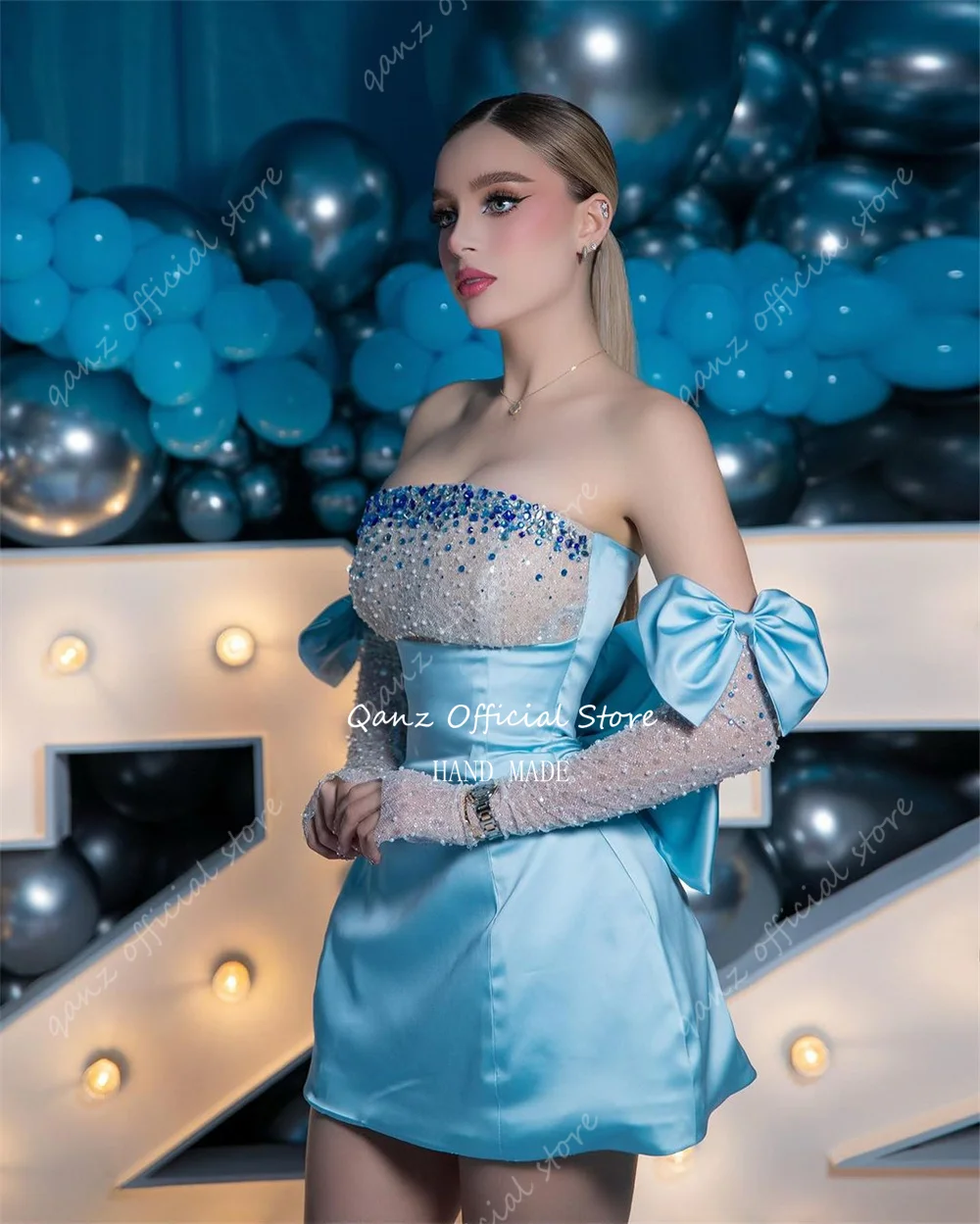 Qanz Sky Blue Sexy Prom Dresses Sequined Crystal Long Sleeves Rhinestone Birthday Dress Corset Cocktail Dresses Customized