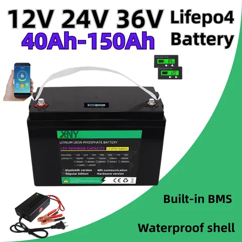 LIFEPo4 Lithium Battery Deep Cycle 12V 100AH-150AH 24V 36V 40AH-80AH with Bluetooth BMS And Charger for Renewable Energy Systems