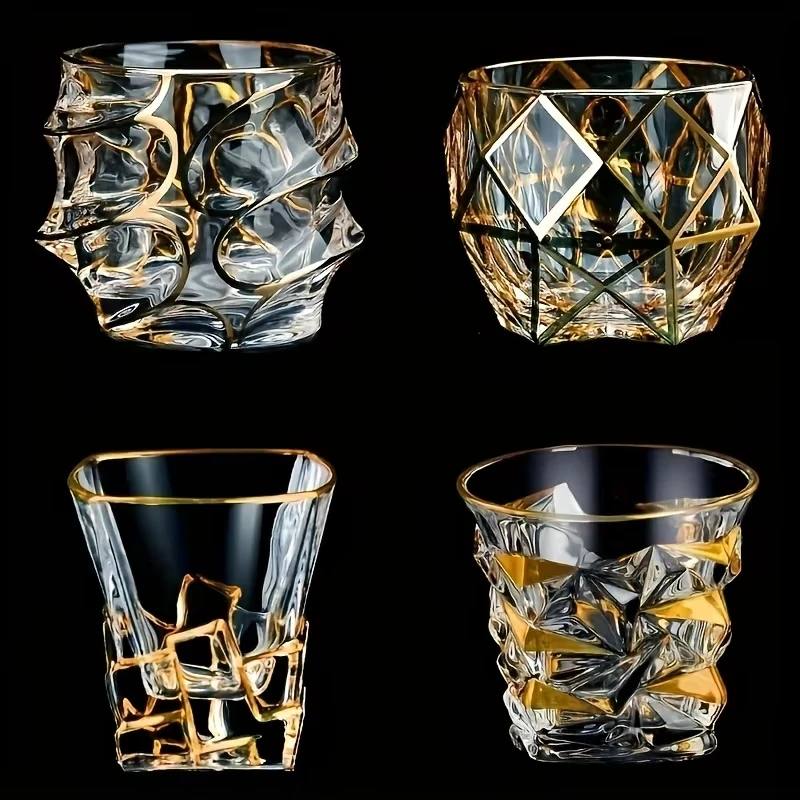 

Golden Line Whiskey Glass Tumbler Multi-Functional Crystal Beer Cocktail Cup Wine Whisky Glasses with Painted Design for Barware