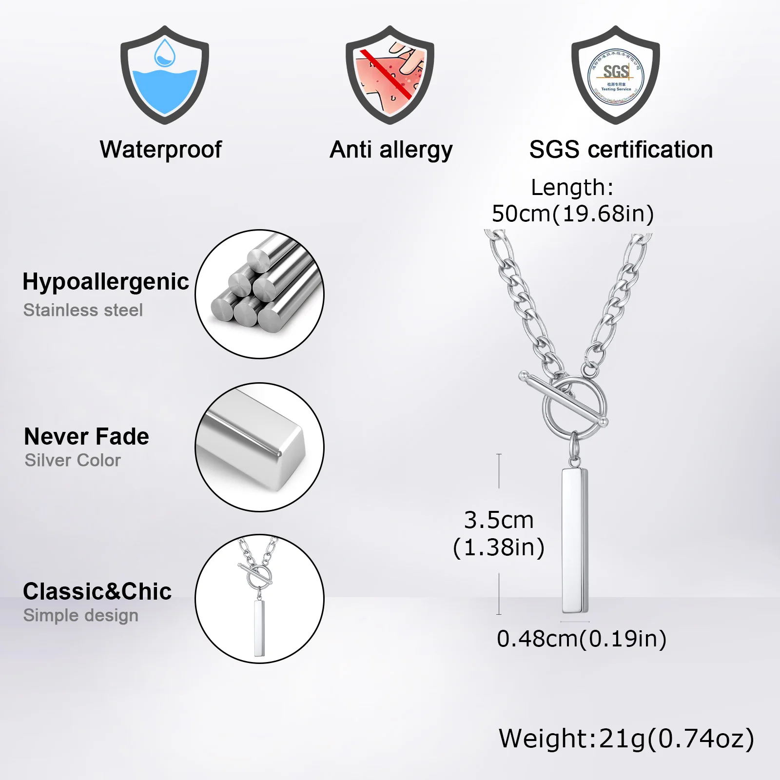 القلائد عمود بسيط Oersonality OT أزرار قابل للتعديل الفولاذ المقاوم للصدأ سلسلة مقاوم للماء شريط عمودي قلادة قلادة مجوهرات #4