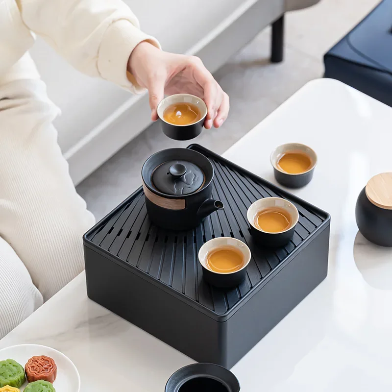Outdoor set coarse pottery wood ancient solid color teapot portable express cup kung fu camping tea set